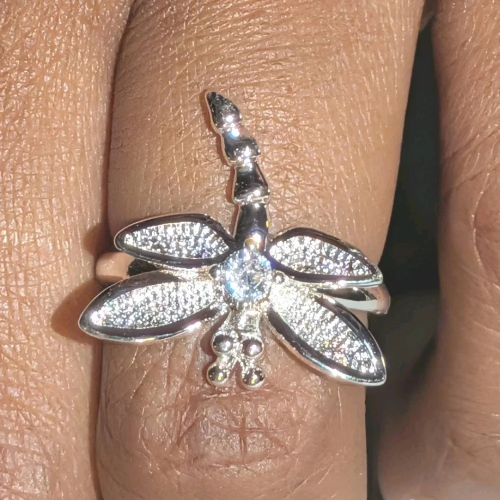 Vintage Women's Quality 925 Sterling Silver CZ Diamond  Dragonfly Ring  Size 5